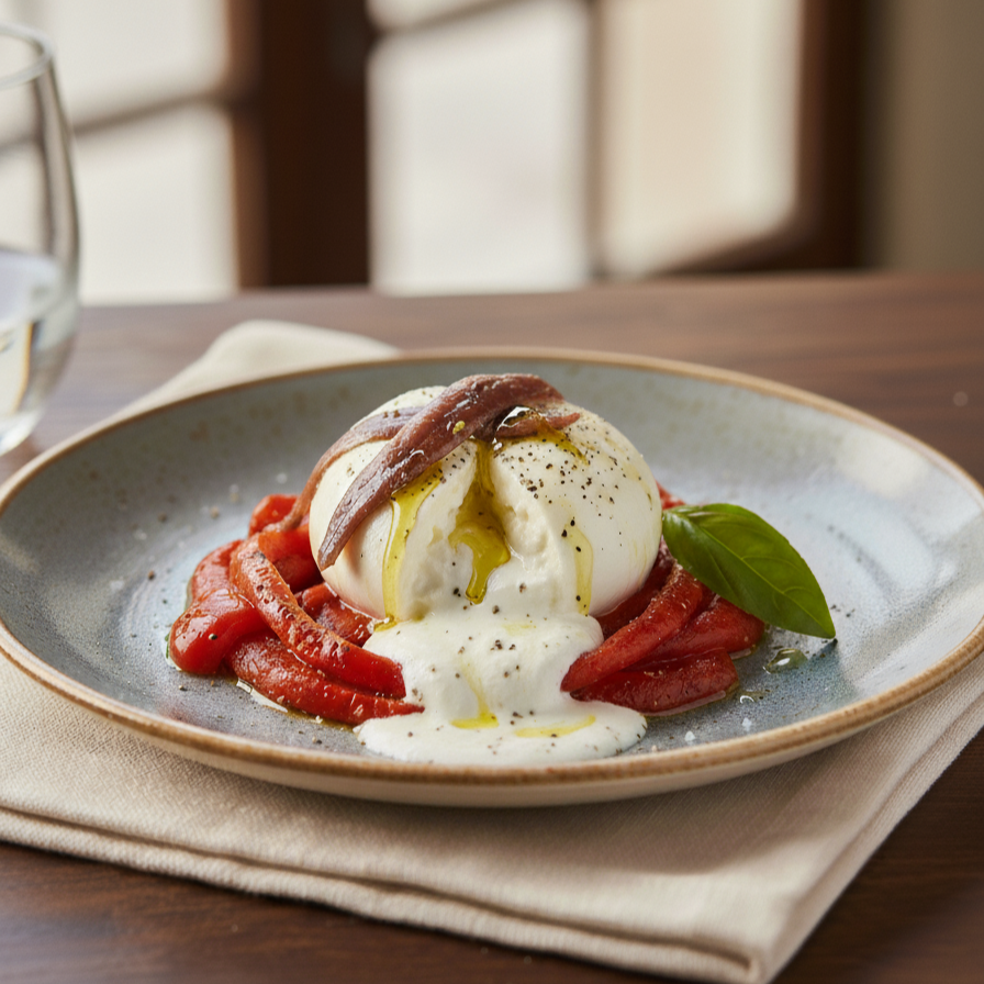 Roasted Red Peppers with Anchovies, Burrata & Basil Oil