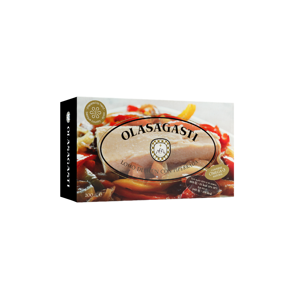 Packaging of Tuna Fillets with sun-dried tomato sauce, from the Olasagasti brand