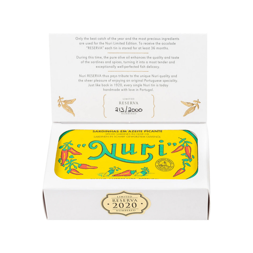 Box with can of Sardines Reserva - in Spicy Olive Oil