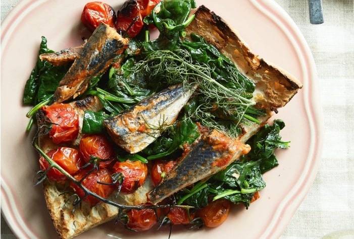 Pinhais Sardine Toast with Roasted Cherry Tomatoes and Spinach