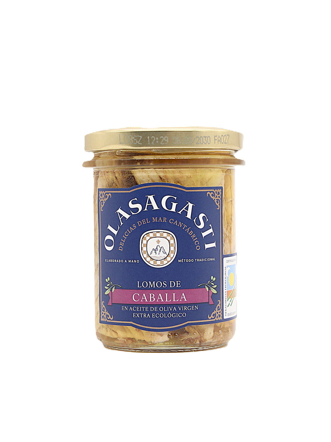 Olasagasti glass jar of mackerel fillets in organic extra virgin olive oil, featuring a dark blue label with a purple banner and aged gold vintage details, closed packaging showing the fish fillets through the glass