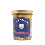 Olasagasti glass jar of mackerel fillets in organic extra virgin olive oil, featuring a dark blue label with a purple banner and aged gold vintage details, closed packaging showing the fish fillets through the glass