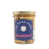 Olasagasti glass jar of mackerel fillets in organic extra virgin olive oil, featuring a dark blue label with a purple banner and aged gold vintage details, closed packaging showing the fish fillets through the glass