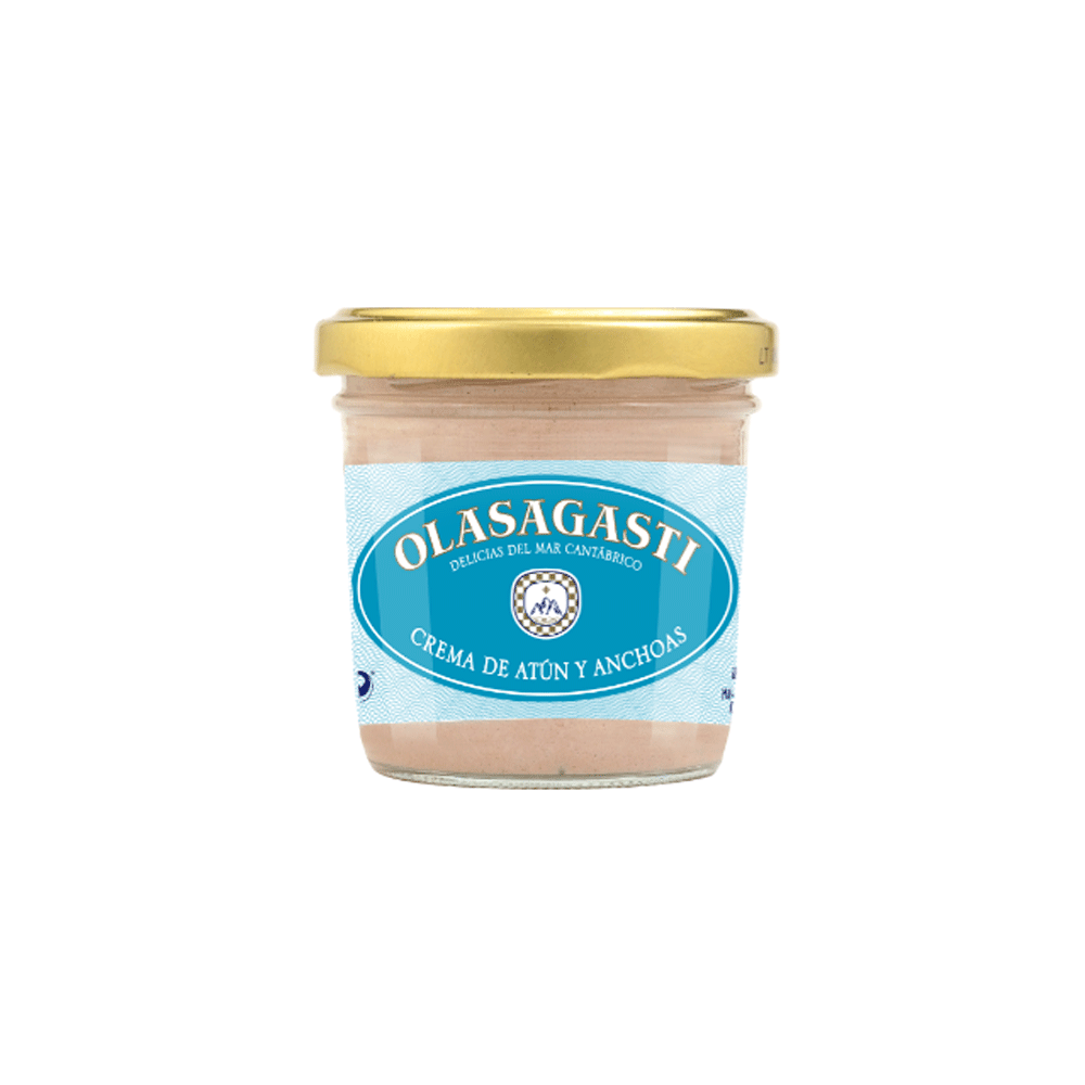 Glass jar with tuna pate and anchovies, from the Olasagasti brand
