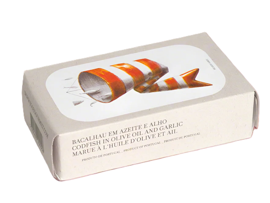 José Gourmet Codfish in Olive Oil and Garlic (Bacalhau em azeite e alho). Artistic packaging featuring a conceptual illustration of an orange and white windsock by artist Ricardo Abreu. Premium Portuguese canned codfish presented in a minimalist grey cardboard box with multilingual labels.