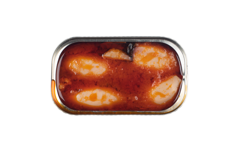 Inside an open tin of José Gourmet Spiced Calamari in Ragout Sauce. Four whole, tender squids are perfectly arranged in a rich, deep red Mediterranean ragout sauce. The image highlights the succulent texture and the artisanal quality of this traditional Portuguese "Caldeirada" seafood dish.