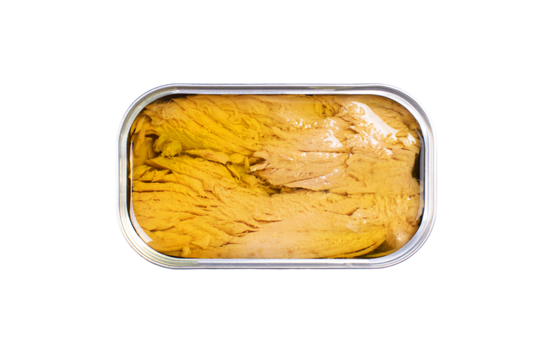 Inside an open tin of José Gourmet Tuna Fillets in Olive Oil. Large, solid pink tuna fillets are neatly arranged and submerged in clear, premium olive oil. The image highlights the tender texture and high-quality artisanal cut of this gourmet Portuguese seafood.