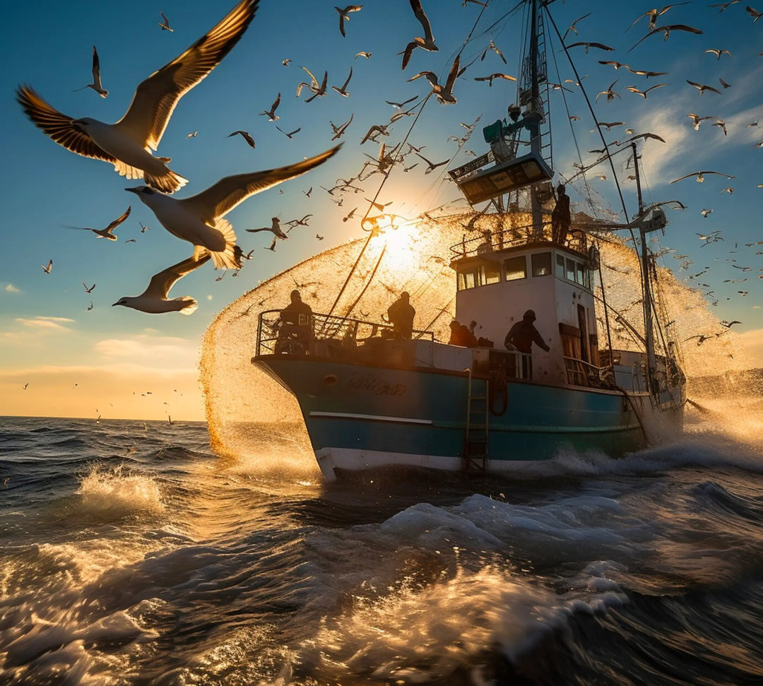 Fishing boat at sea, with fishermen casting their nets. Seagulls flying.