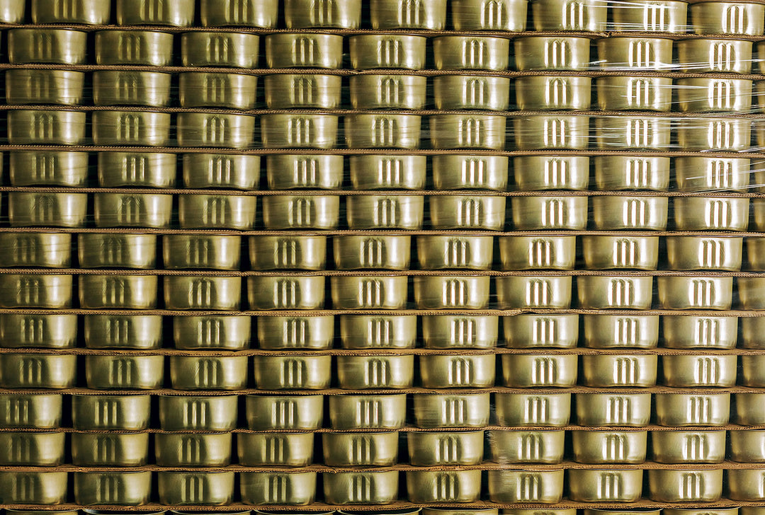 Cans of canned fish stacked