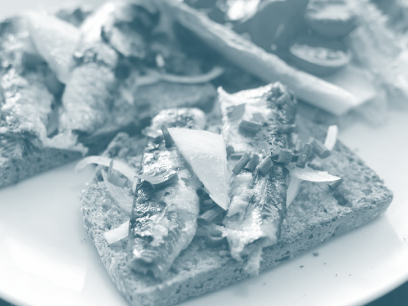 Monochrome photograph in blue tones of a slice of bread with preserved sardines