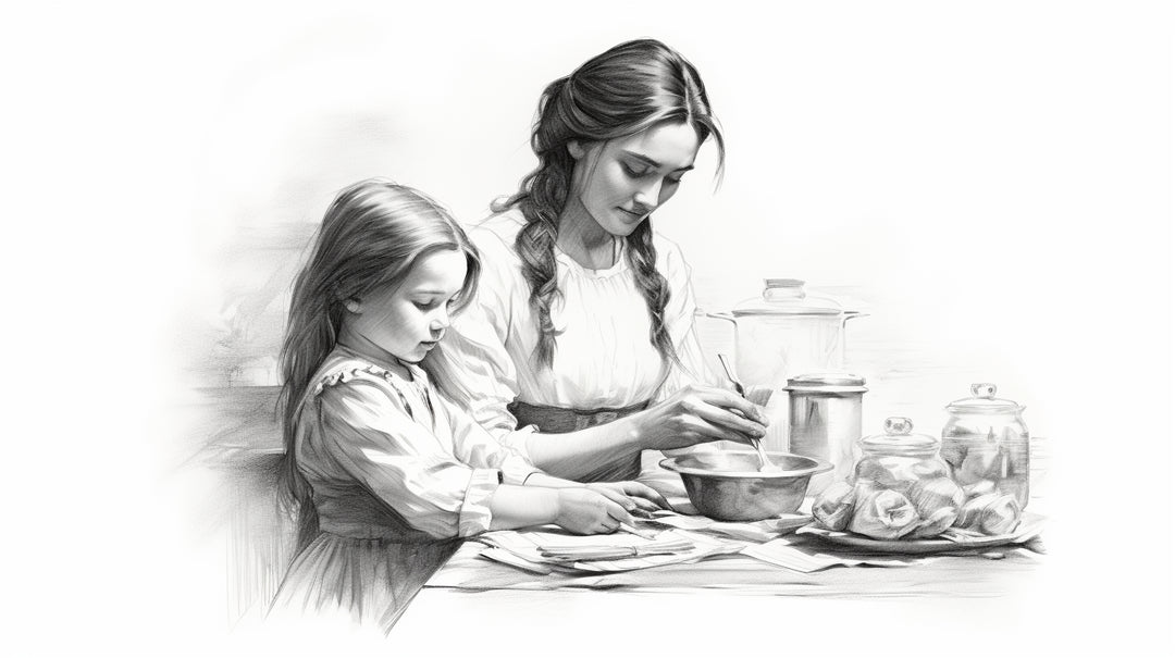 Vintage illustration in monochrome tones, representing a woman showing a little girl how to make a recipe.